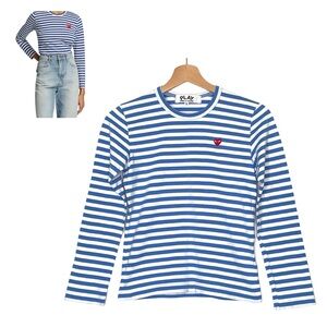 Comme des Garcons PLAY Blue and White Striped Long-Sleeve Tee w/ Red Heart Small